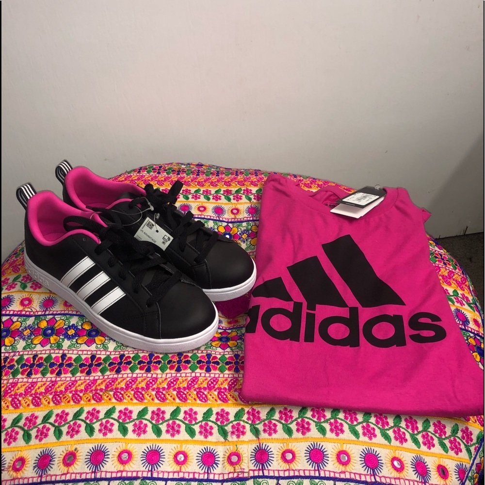 Adidas tennis shoes and adidas shirt small adult